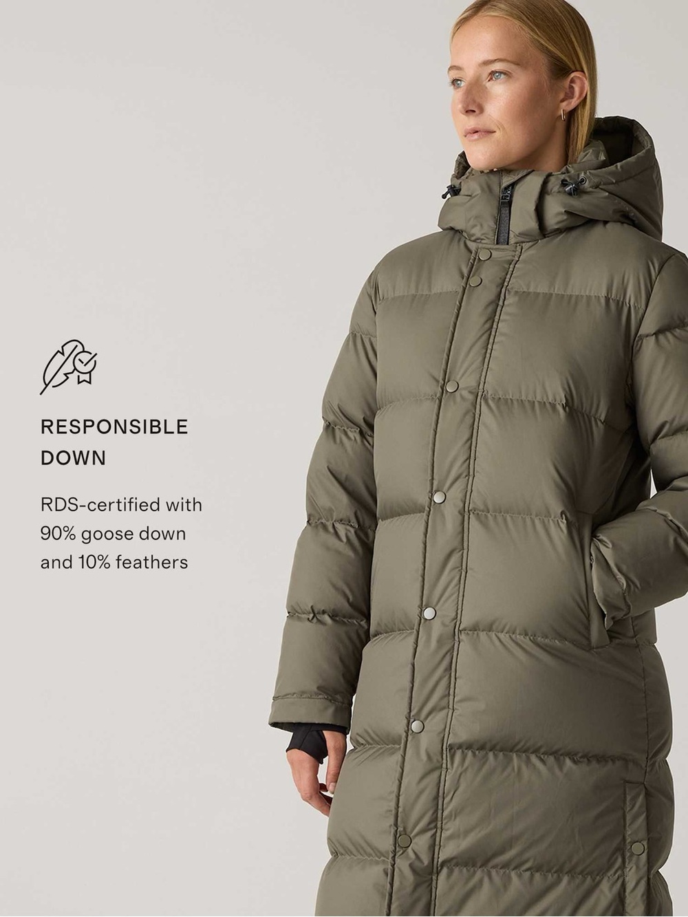 Quince Responsible Down Long Puffer Coat (90% goose down) in Faded Cargo